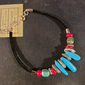 Turquoise & Coral Stone Bracelet with Black Velvet Silver Tone Accents Style L